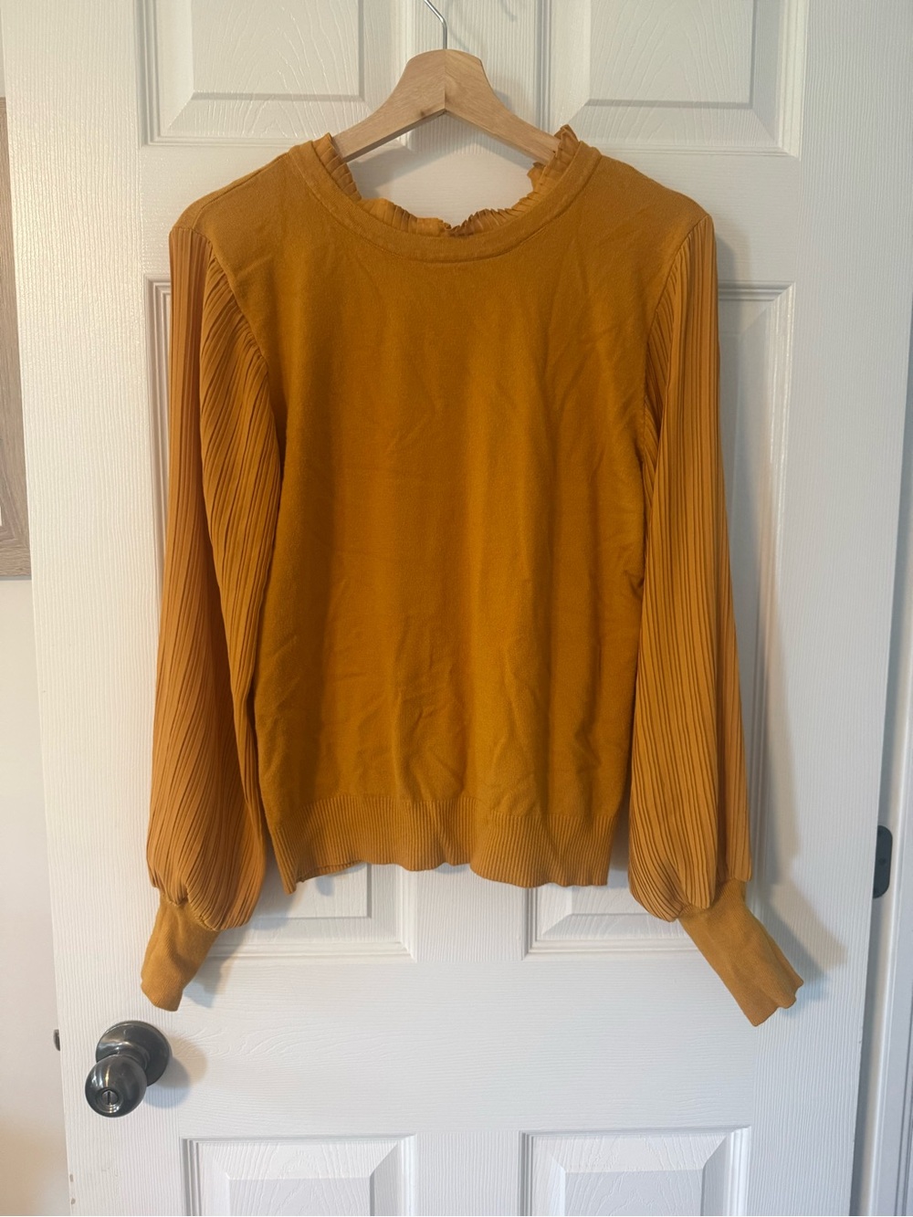 Mustard Pleated-Sleeve Knit Top - Women's Stylish Ruffle Neck